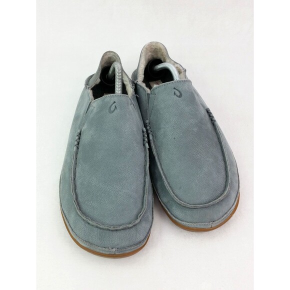 Olukai Kipuka Hulu Slippers Blue Leather Slip On Loafers Wool Lined Mens Size 10 - Picture 1 of 12